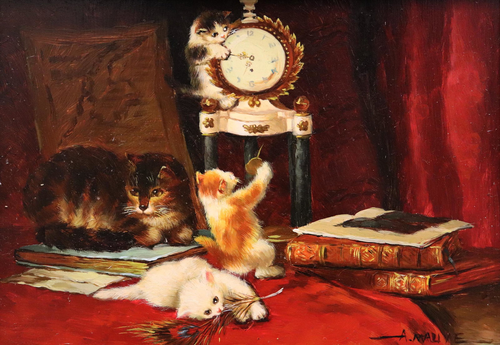 A. MAUVE - CATS WITH CLOCKS & BOOKS PAINTING: Oil on board painting of kittens with clock and books. Signed lower right A. Mauve. Measures 7" x 5" and 16.25" x 14.25" w/ frame.