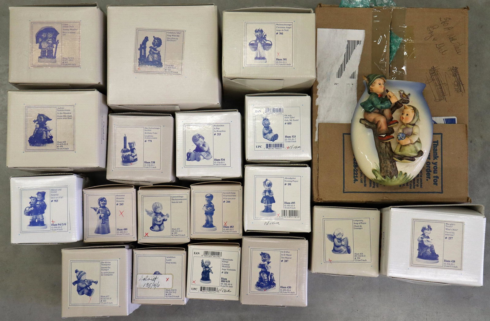 (19) BOXED HUMMEL FIGURINES: #71 Stormy Weather, #94 Surprise, #135 Soloist, #188 Celestial Musician, #338 Birthday Cake, #418 Whatâ€™s New, #430 In â€œD” Major, #453 The Accompanist, #454 Song of Praise, #457 Soun