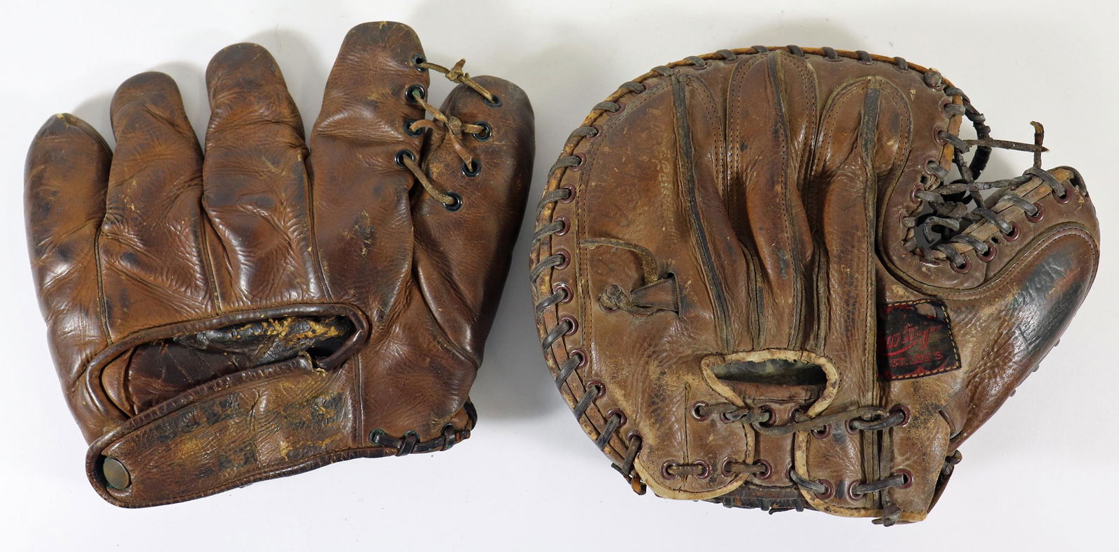 (2) ANTIQUE LEATHER BASEBALL GLOVES (1 of 3)