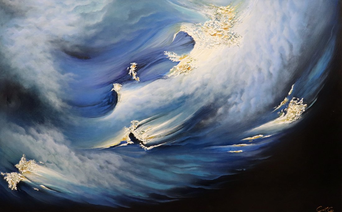 CARLA COPE "STORM" PAINTING: Carla Cope oil on canvas painting titled "Storm". Signed lower right and also on verso with title. Measures 48" x 36". Artist Bio: The artist Carla Cope is from Miami, Florida, but now lives in Saraso
