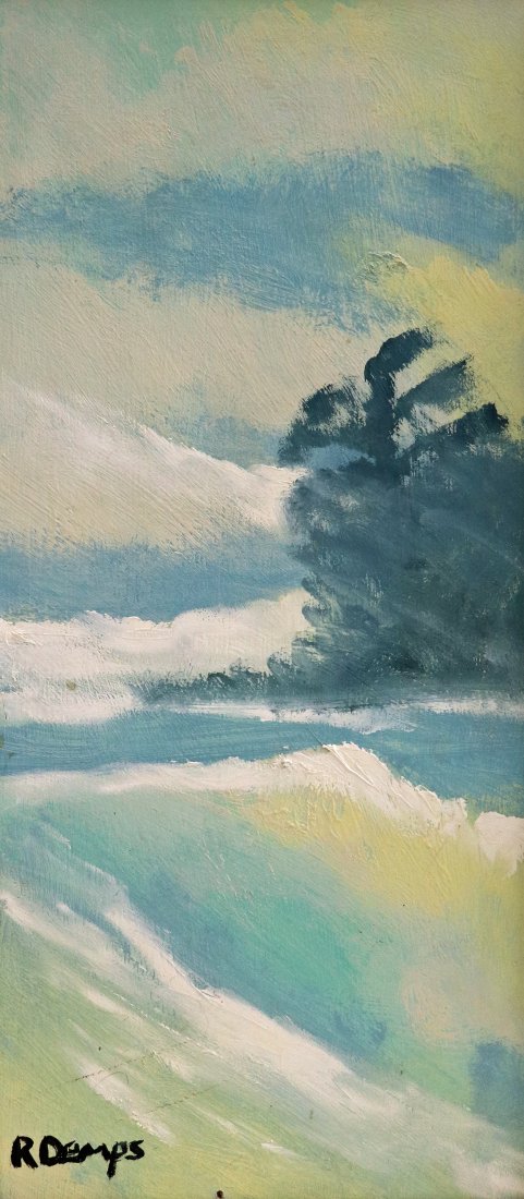 RODNEY DEMPS FLORIDA HIGHWAYMEN PAINTING: Rodney Demps (1953-2020) Highwaymen painting of an abstract Florida landscape. Signed lower left. Measures 24" x 10.75" on masonite board & 26" x 13" w/ frame.