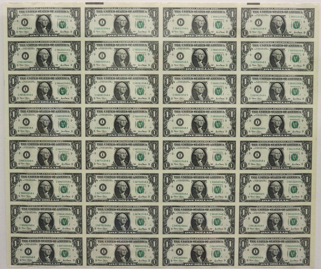 UNCUT SHEET OF (32) $1 2001 U.S. BILLS (1 of 2)