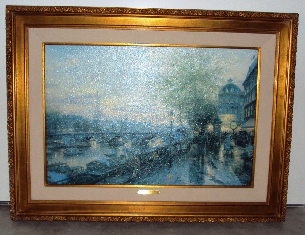 Thomas KinKade Paris, Eiffel Tower: Lithograph on Canvas Under the Supervision of Kinkade. City of Lights II. 36"x27" Framed.