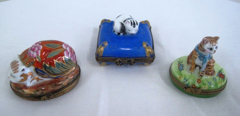 (3) Limoges Cat Boxes: Cat on Cusion 199/999