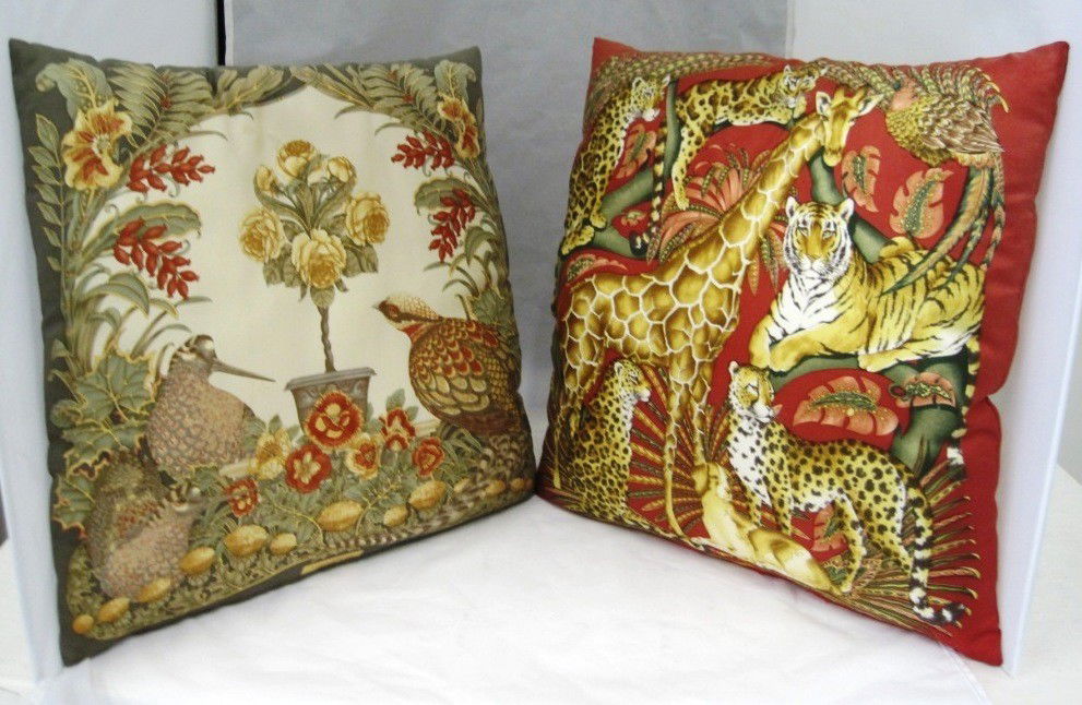 Pair Salvatore Ferragamo Pillows: Wild Animals & Birds.