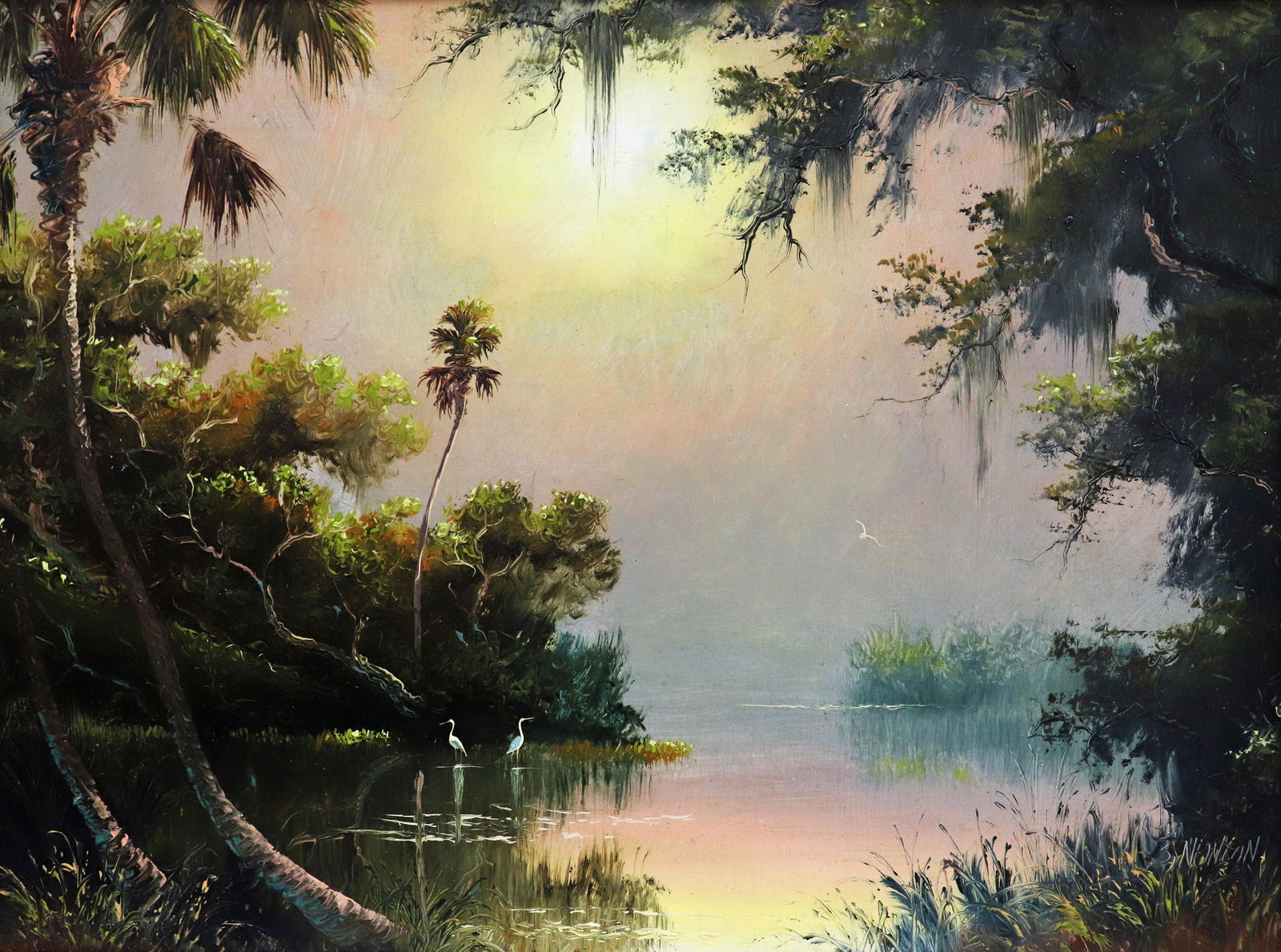 SAM NEWTON MORNING RIVER HIGHWAYMEN PAINTING: Sam Newton (b. 1948) Highwaymen painting of a Florida sunrise morning river inlet scene with palm trees, birds, and vegetation. Signed lower right. Measures 24" x 18" on masonite board & 28" x 22" w/
