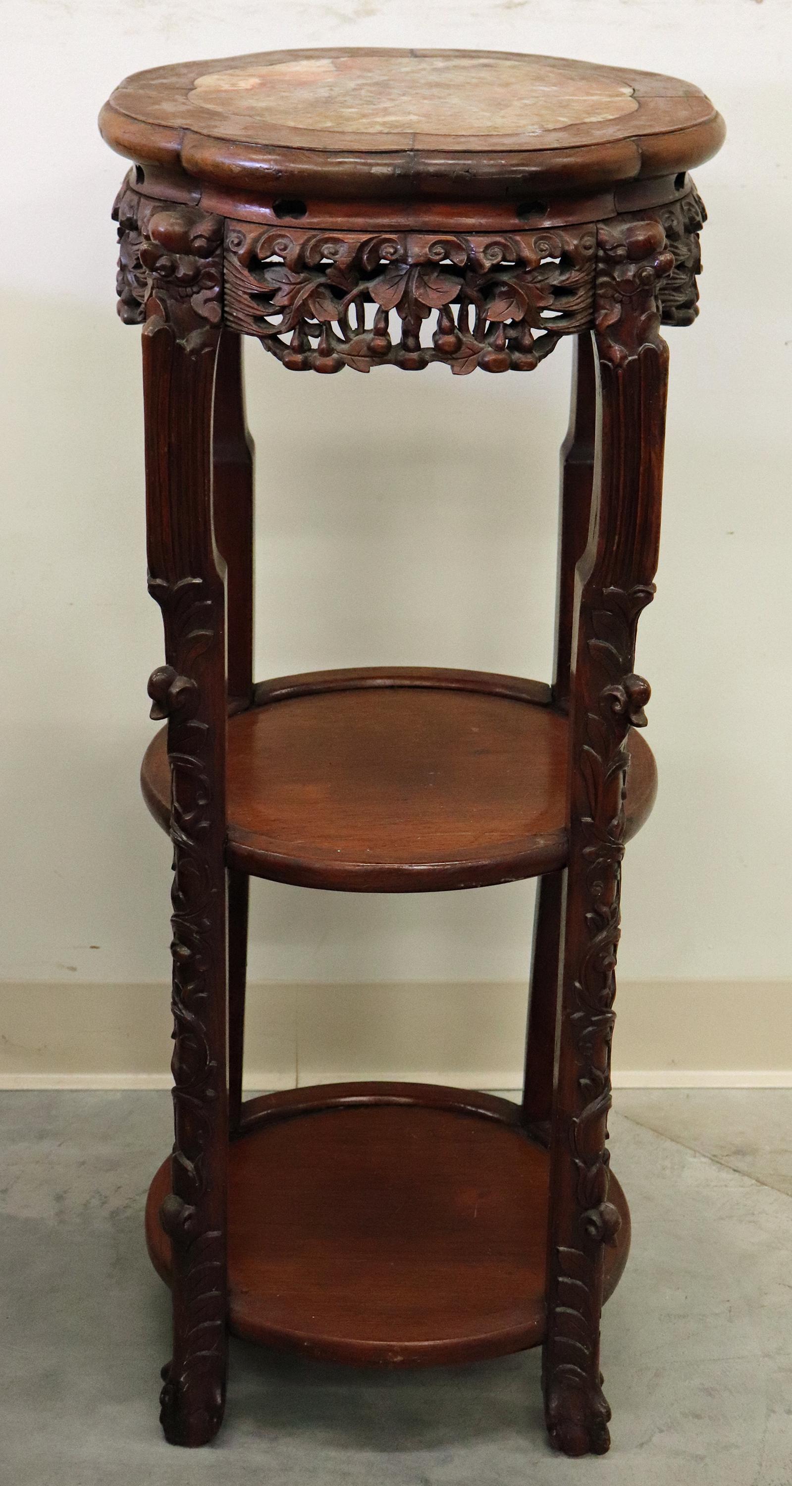 CHINESE WOOD & MARBLE PLANT STAND TABLE (1 of 3)
