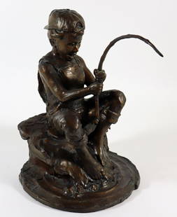 GARY PRICE "YOUNG BOY FISHING" SCULPTURE: A bronze case sculpture of a young boy holding a fishing pole. Signed Gary Price '92 and numbered 83/195. 11" x 12" x 9"