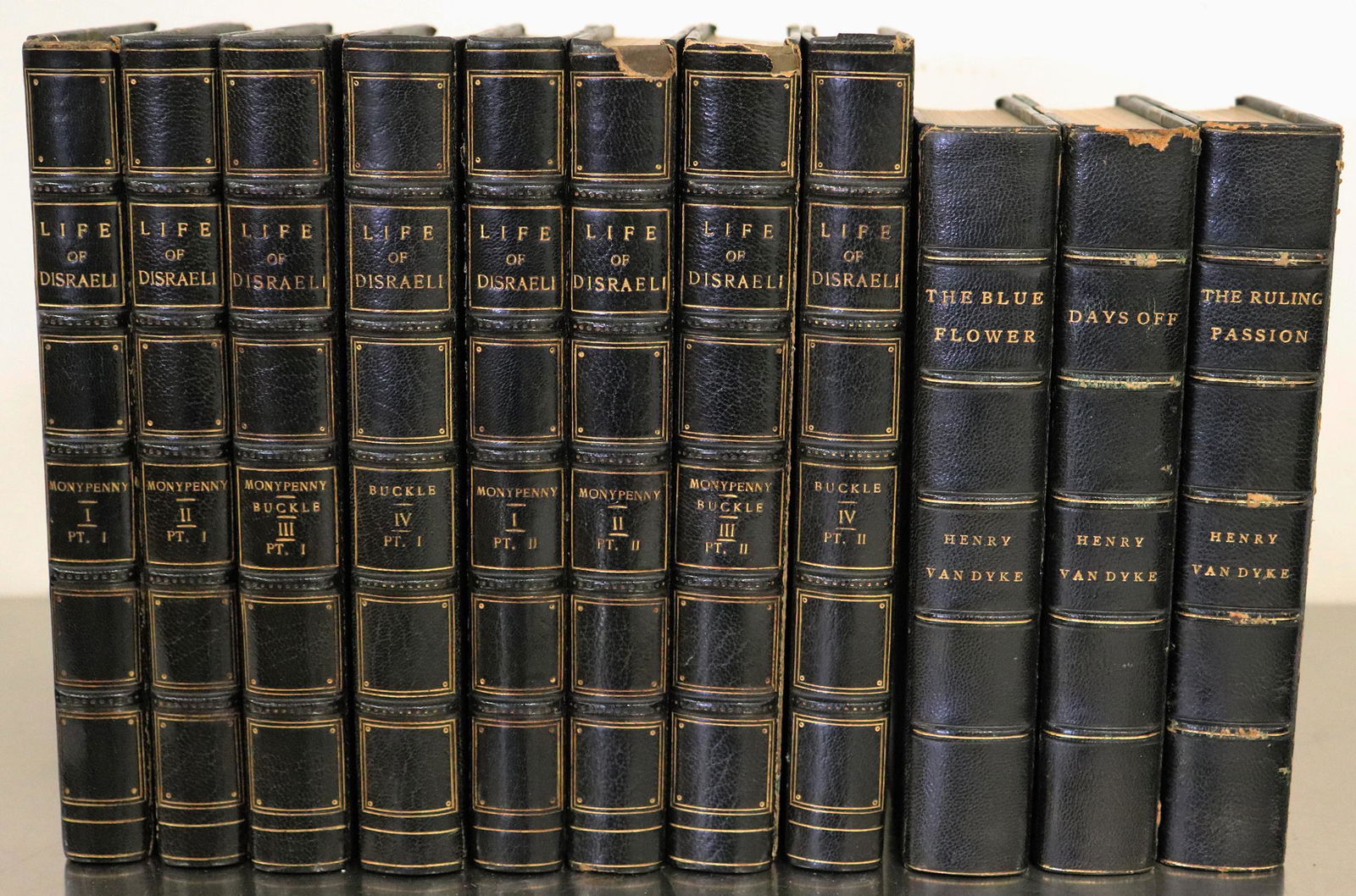 BENJAMIN DISRAELI & HENRY VAN DYKE BOOKS: A set of 8 "The Life of Benjamin Disraeli" books in a leather binding by Money penny and Buckle. London John Murray 1910 - 1916. A set of 4 Henry Van Dyke books printed 1901 by Charles Schribner. Age