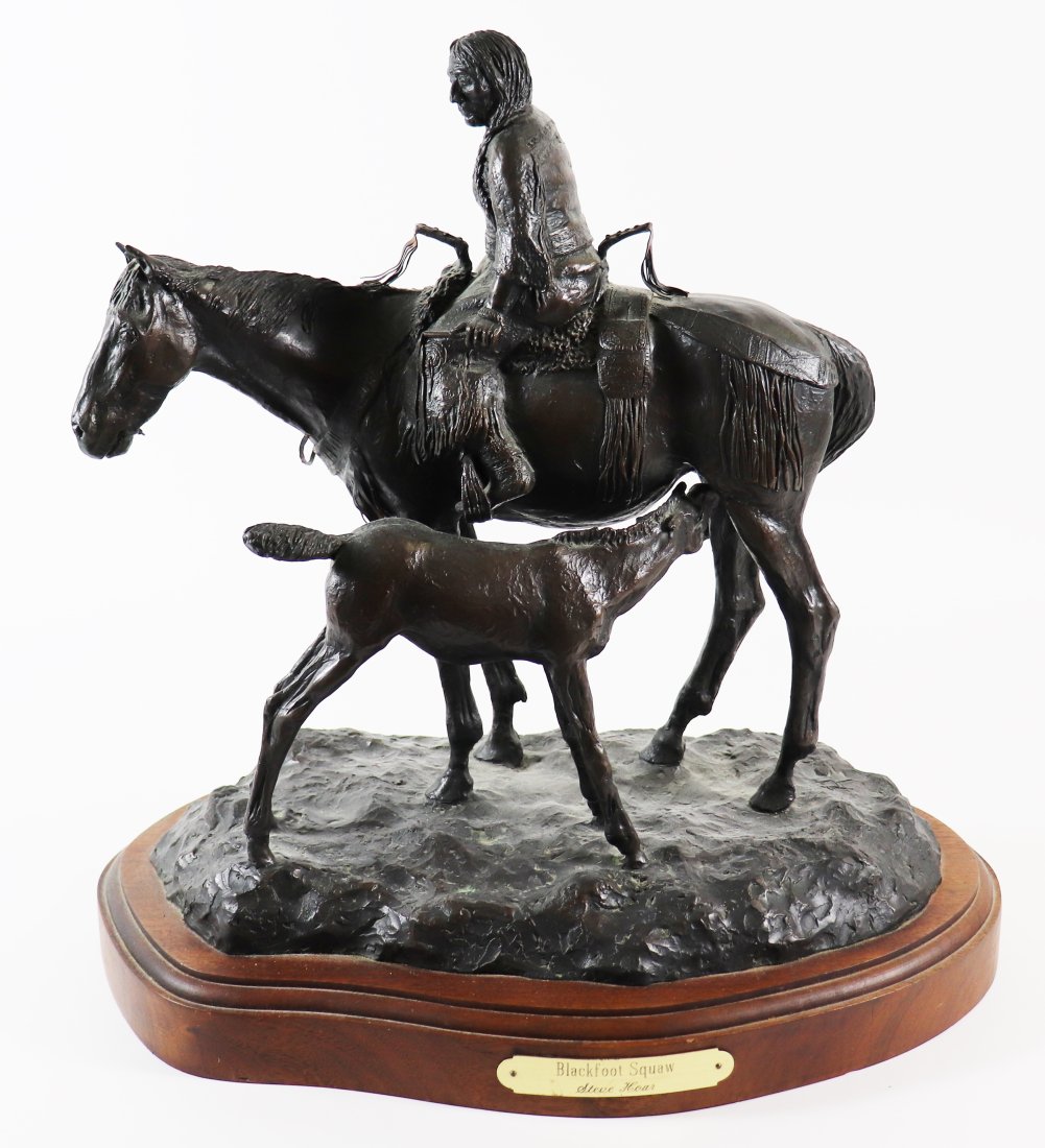 STEVE HOAR BLACKFOOT SQUAW BRONZE SCULPTURE: Steven Hoar (Canadian, 20th Century) Bronze sculpture "Blackfoot Squaw" of a Native American Indian on horseback. Numbered 5/20. Measures 15" x 9.5" wide with base.
