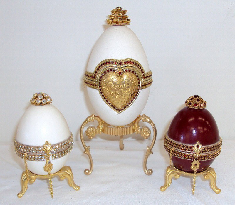 (3) Faberge Style Jeweled Eggs: Real Eggs. One is a music Box. 6" Tall & 3 1/2" Tall.