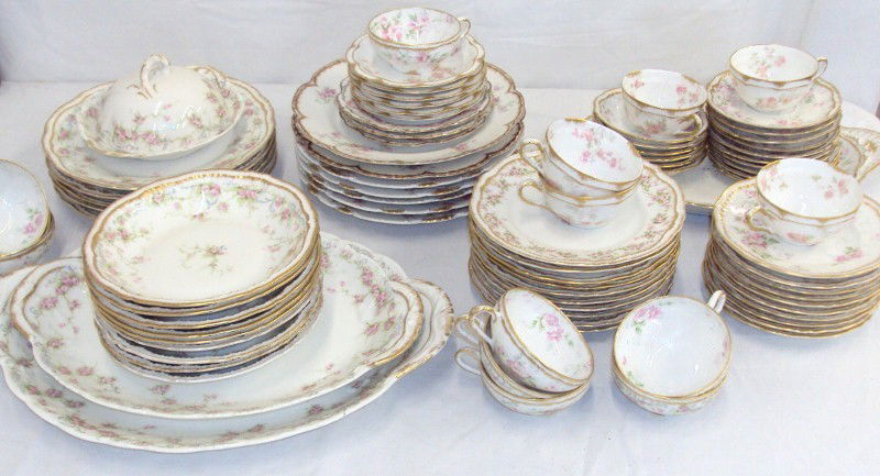 Theodore Haviland Limoges Pink Roses China 65pcs: 65 Pieces - 12 Plates, 10 Salad, 13 Bread Plates, 6 Desert Bowls, 8 Soup Bowls, 12 Cups, 16 Saucers, 1 Covered Butter Dish w/ Small Chip.
