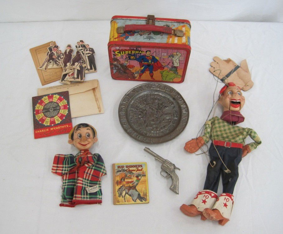 Howdy Doody Puppet Hubley Cap Gun & More: Superman Thermos Lunch Box, Nursery Rhyme Plate..