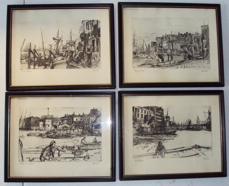 (4) James A. Whistler Etchings: 8 3/4" x 10 3/4" Framed.