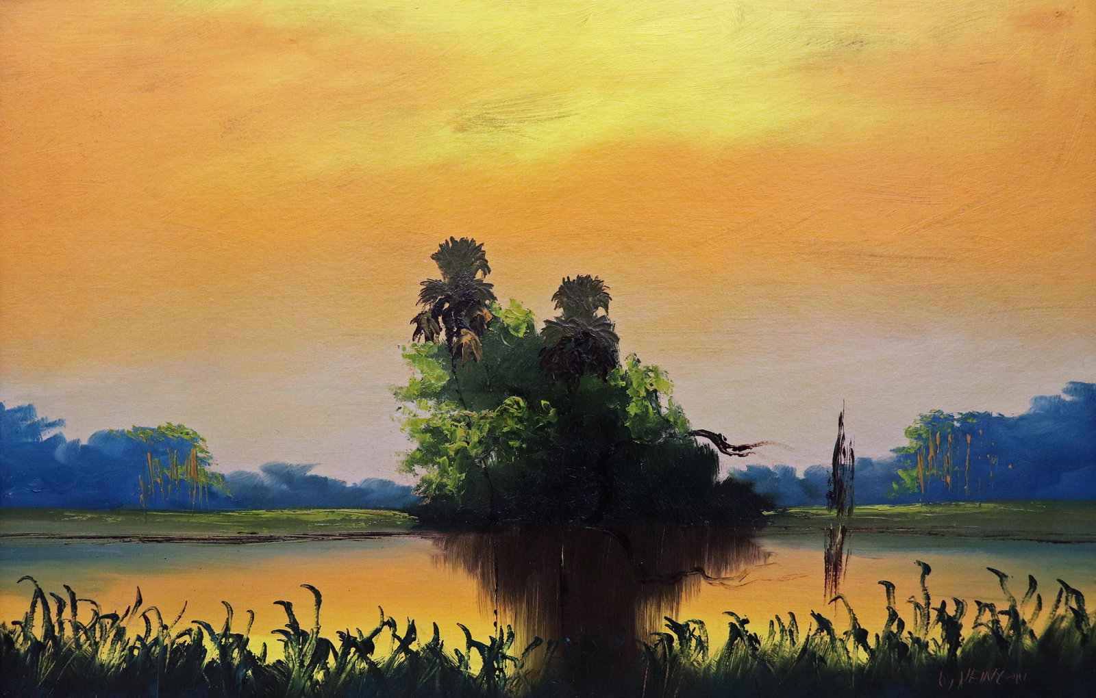 LEMUEL NEWTON YELLOW SUNSET HIGHWAYMEN PAINTING: Lemuel "Lem" Newton (1950-2014) Vintage Highwaymen painting of a Florida landscape with orange and yellow sunset over the river, tall palm trees, and vegetation. Signed lower right. Measures 35.25" x 