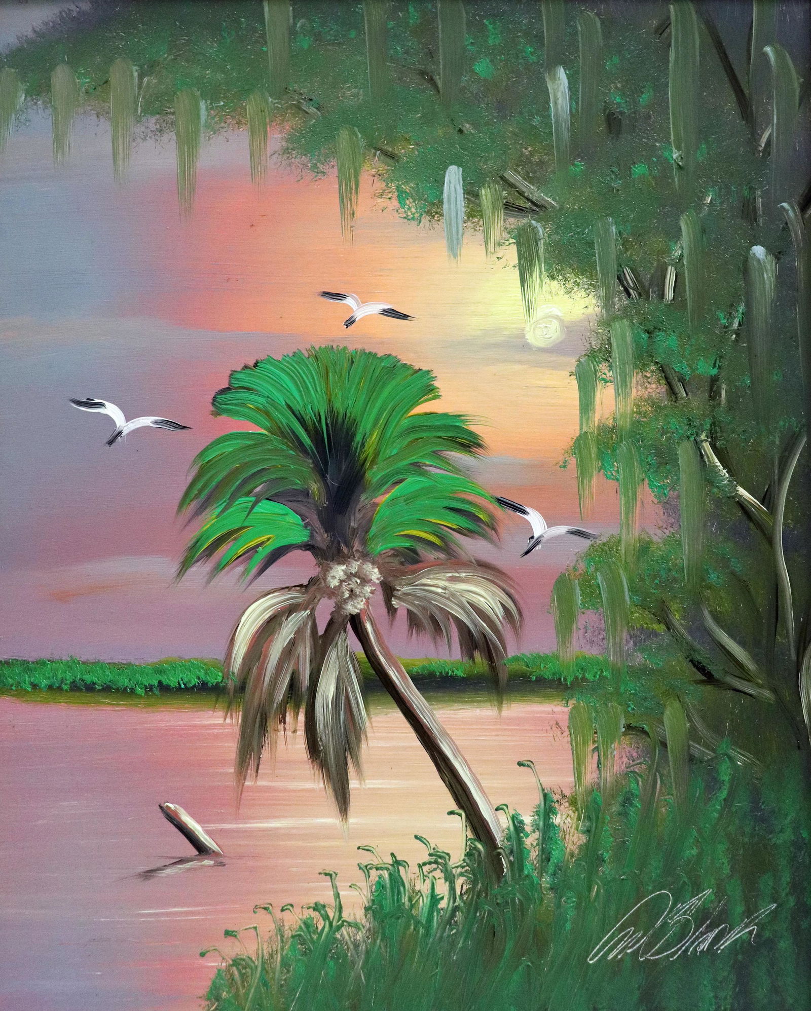 AL BLACK SUNSET PALM HIGHWAYMEN PAINTING: Al Black (b. 1945) Highwaymen painting of a Florida river sunset scene with palm tree, birds, and vegetation. Signed lower right. Measures 20" x 16" on board & 24.75" x 20.75" w/ frame.
