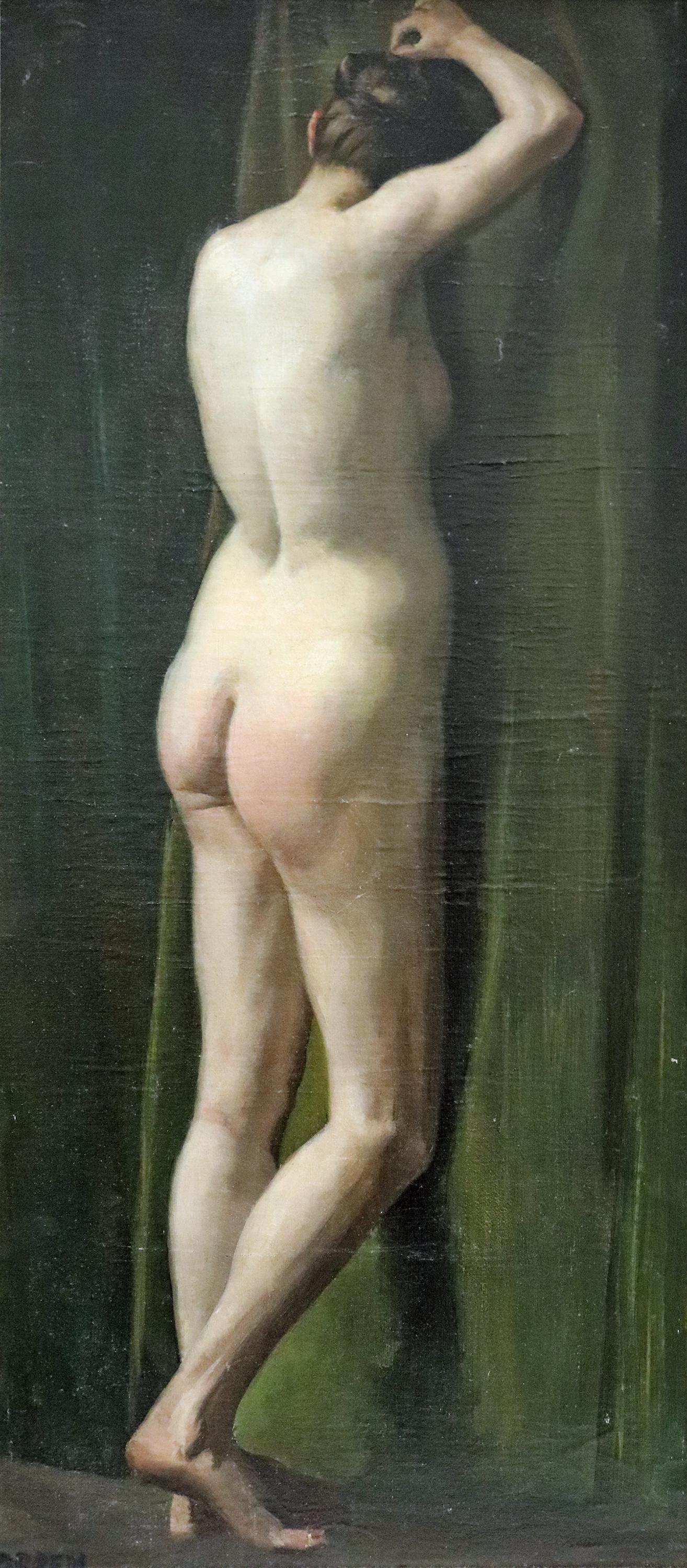 WILLIAM ORPEN NUDE FIGURE PAINTING: Sir William Orpen (1878-1931) Oil on canvas painting laid down on board of a nude woman. Signed lower left. Sold at Christie's Scotland June 28, 1995 lot 00157 for 2,800 GBP (4,407 USD). Measures 31.5