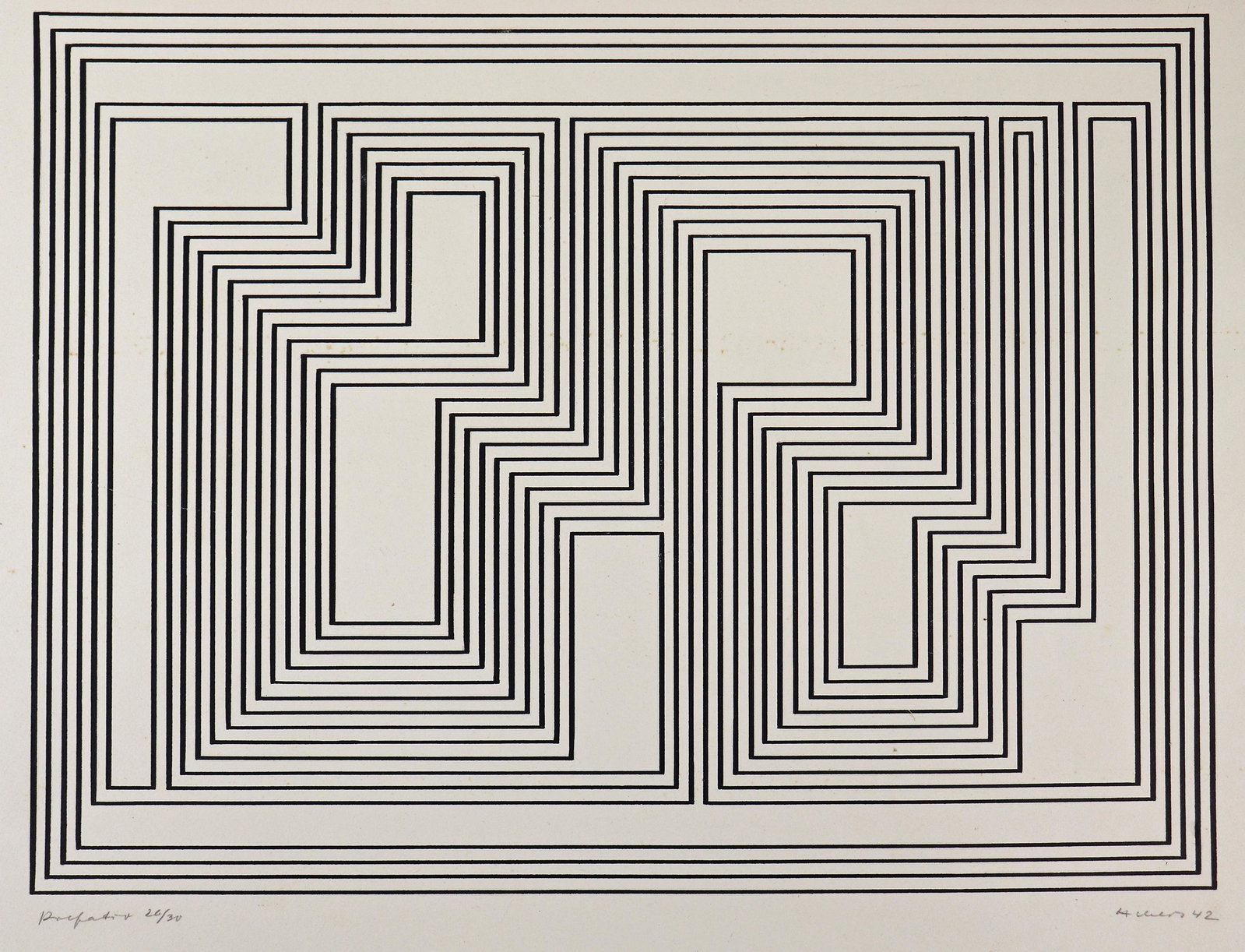 JOSEF ALBERS 1942 "PREFATIO" LITHOGRAPH: Josef Albers (1888-1976) Prefatio lithograph from the Graphic Tectonics series. Pencil signed lower right and dated 42', numbered lower left 26/30 and titled. Some light yellowing and small spots to p
