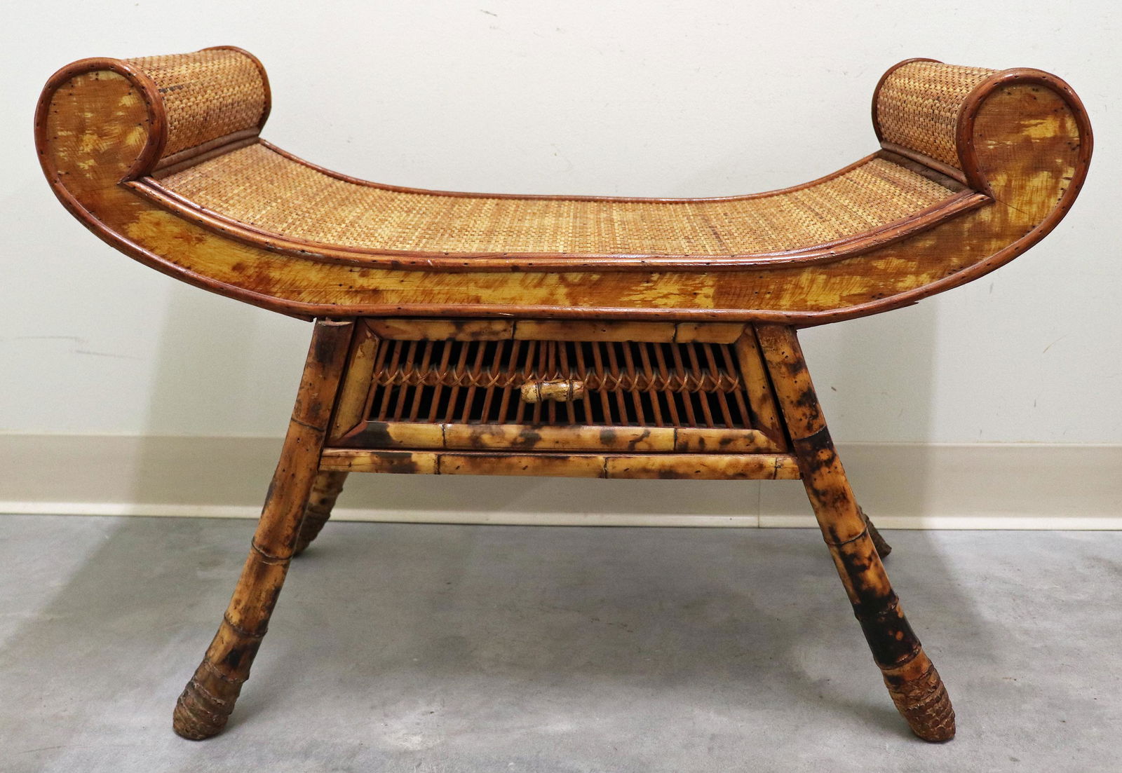 CHINOISERIE STYLE RATTAN SCROLL BENCH (1 of 2)