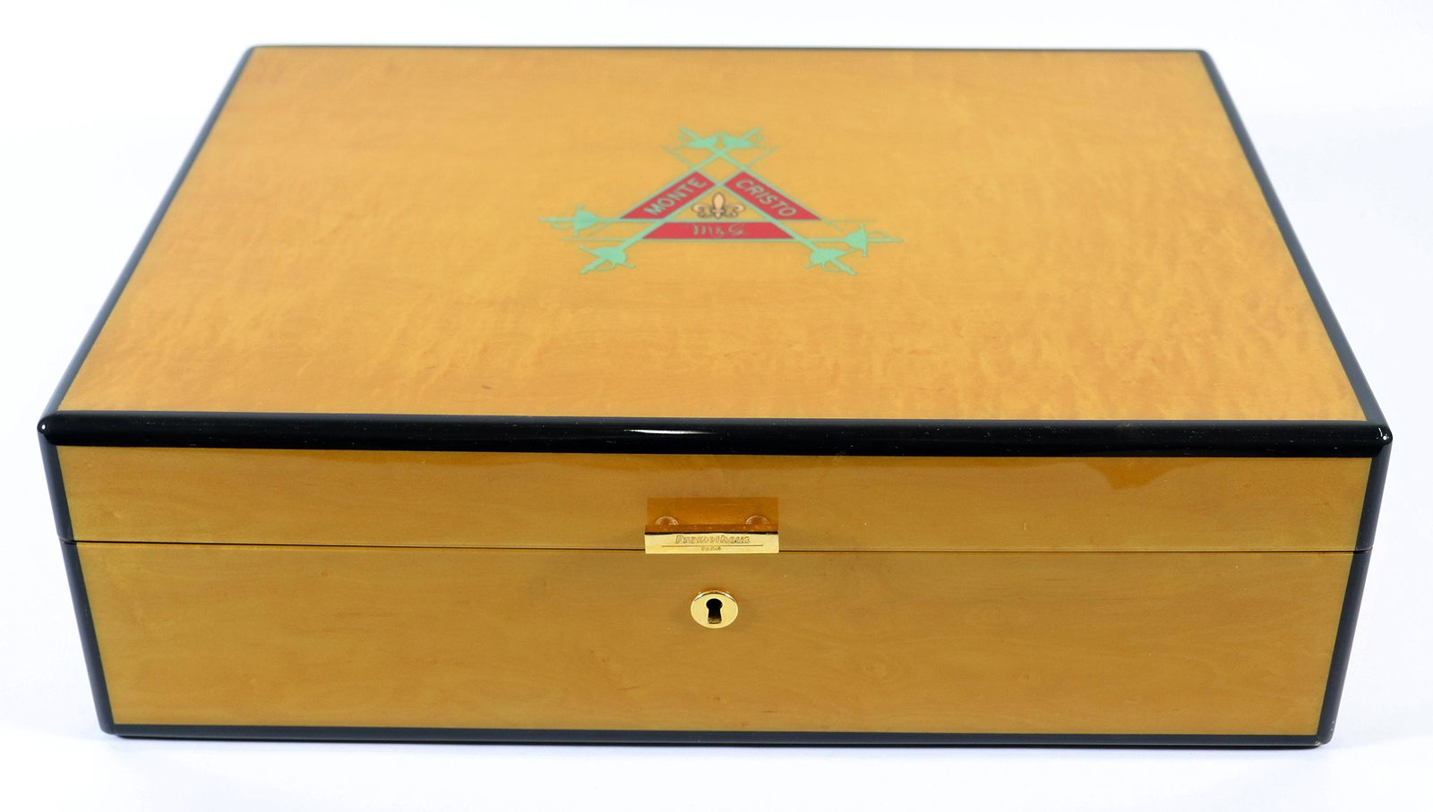 MONTECRISTO PROMETHEUS CIGAR HUMIDOR: Limited Edition Montecristo Prometheus cigar humidor numbered 48/100 in yellow eye maple. Made in France. Includes key and COA. Measures 16" x 11.25" wide 5" tall.