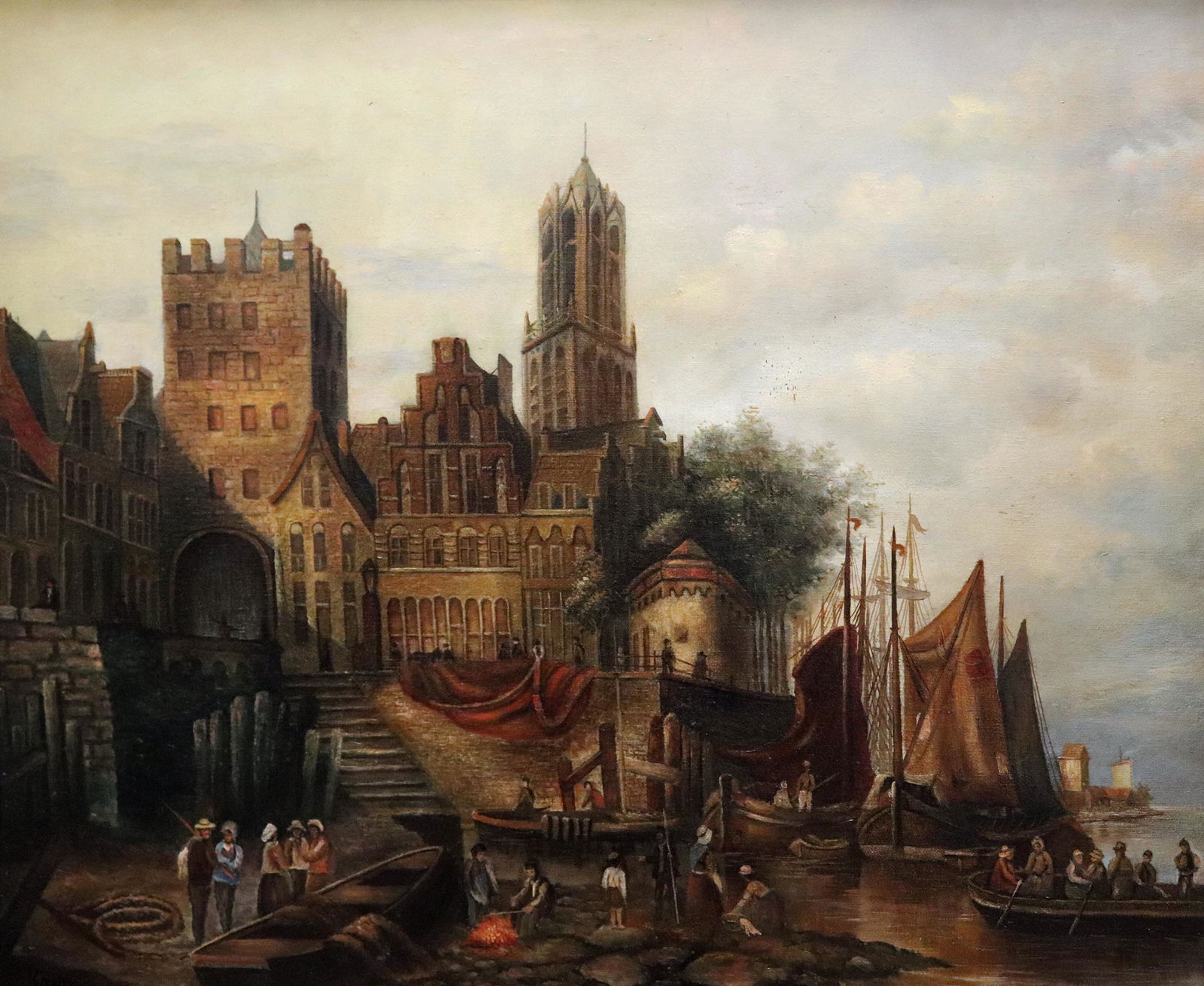 EUROPEAN VILLAGE OIL ON CANVAS - KOONTZ: A European castle in the Dutch school style. Signed Koontz lower right. Measures 24" x 20" (Framed 33" x 30:)