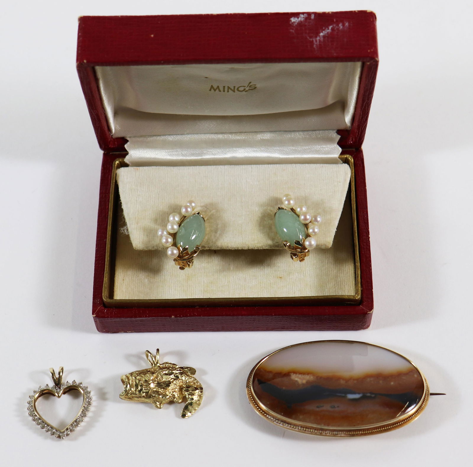 14K JADE EARRINGS, AGATE BROOCH, (2) 10K PENDANTS (1 of 4)