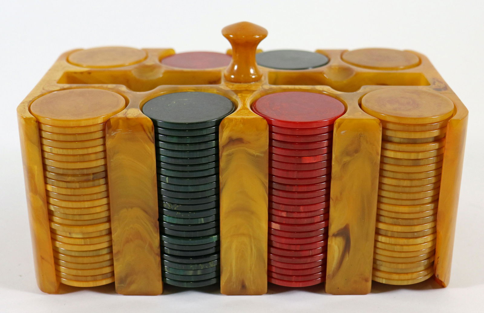 Vintage Bakelite Catalin Poker Chips & Chip Caddy