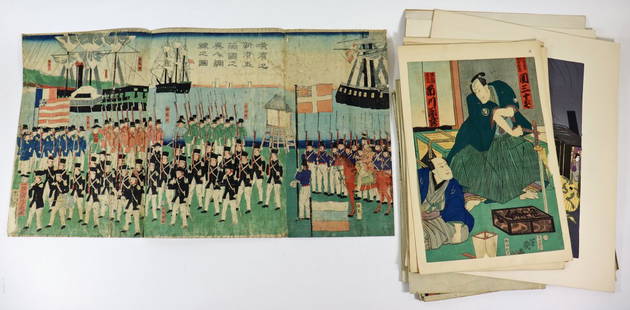 JAPANESE WOODBLOCK TRIPTYCHS & MORE: Collection of assorted Japanese woodblock prints including Western Imperialism and nation building in Japan and China Utagawa Yoshitora ukiyo-e "Foreign Soldiers From Five Countries At the Point of Yo