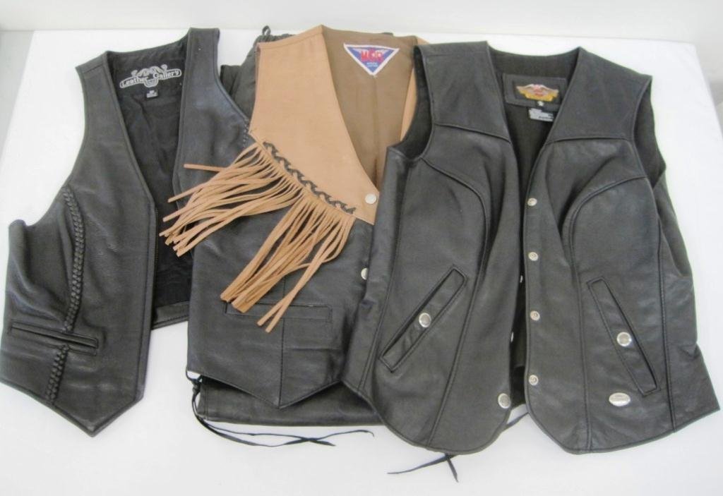 PAIR LEATHER HARLEY VESTS, PANTS, & SUEDE VEST