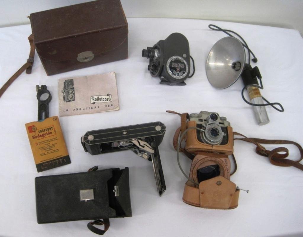 VINTAGE CAMERA LOT: Bell Howell Filmo Double Run Eight w/ Case, Kodak Eastman Six-16 w/ Case, Bolsey Wollensak 44MM w/ Case.
