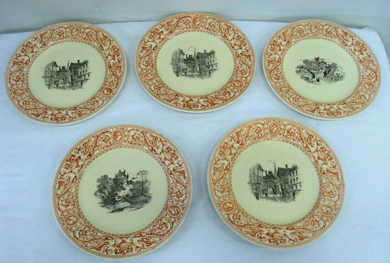 (5) MINTONS RED TRANSFERWARE SCENIC PLATES c1890: This is a very interesting set of (5) Mintons plates with various scenic buildings on each plate. They have a rare red transferware boarder. They date to around the 1890's. They measure 10-1/8" wide.