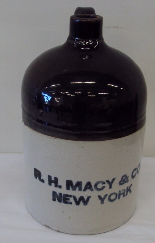 WESTERN STONEWARE WHISKEY JUG - R.H. MACY & CO: WESTERN STONEWARE WHISKEY JUG - R.H. MACY & CO 10-1/2" TALL