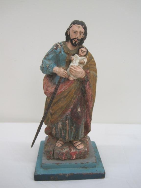 ANTIQUE ST. JOSEPH & CHILD WOOD CARVED SANTOS: 10" Tall.