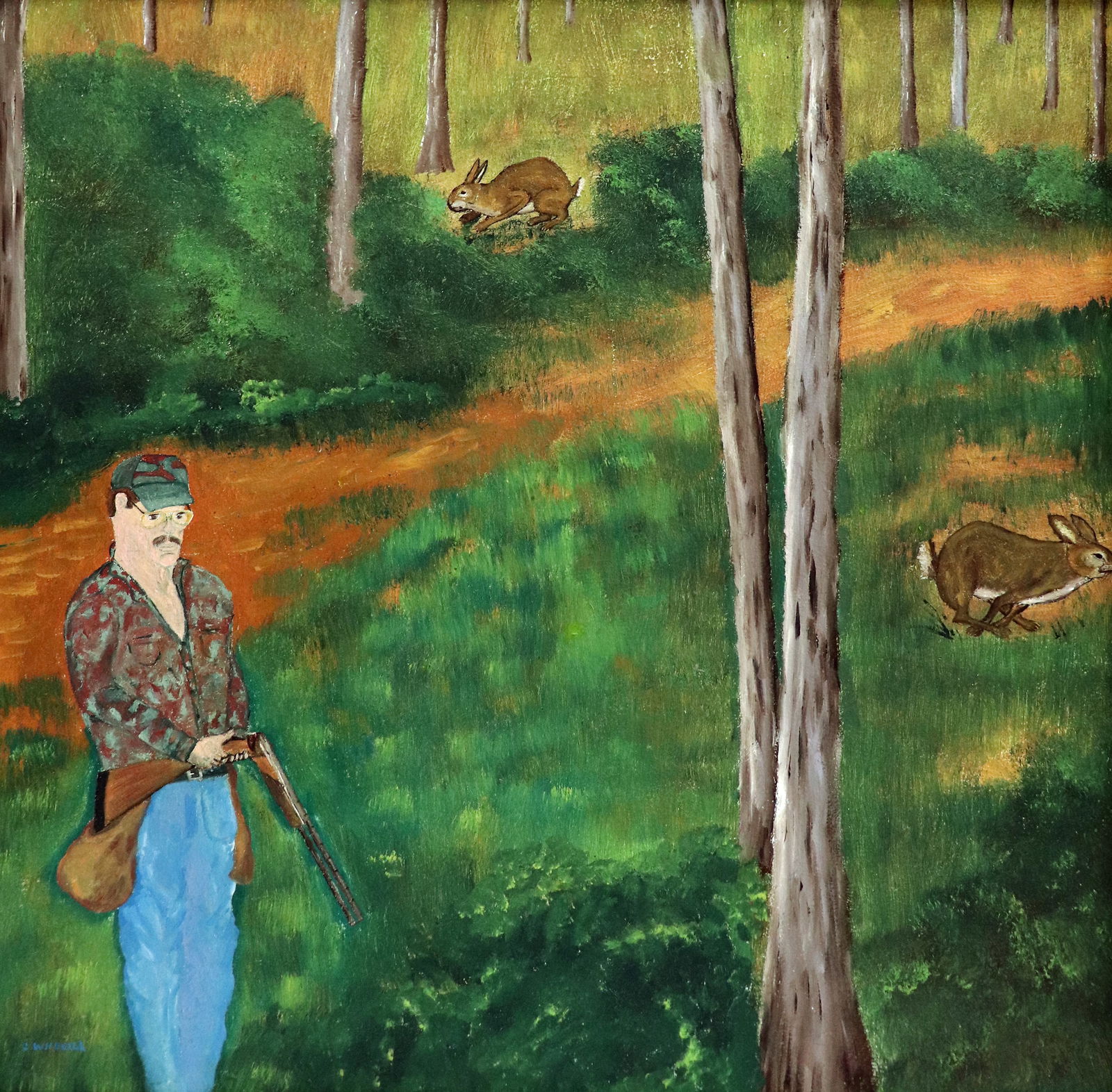 CHICO WHEELER RABBIT HUNTING HIGHWAYMEN PAINTING: Charles "Chico" Wheeler (1946-2019) Florida Highwaymen artist painting of a woods scene with hunter and rabbits. Signed lower left. Measures approximately 24" x 24" on masonite board & 28" x 28" w/ fr