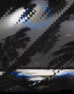JAMES GIBSON NIGHT RIVER PALM HIGHWAYMEN PAINTING: James Gibson (1938-2017) Highwaymen painting of a Florida night river scene with moonlit sky, bent palm tree, vegetation, and reflections off the river. Signed lower right. Measures 20" x 16" on mason