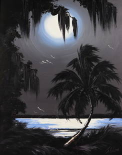 JAMES GIBSON NIGHT RIVER PALM HIGHWAYMEN PAINTING: James Gibson (1938-2017) Highwaymen painting of a Florida night river scene with moonlit sky, bent palm tree, vegetation, and reflections off the river. Signed lower right. Measures 20" x 16" on