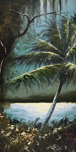 JAMES GIBSON NIGHT RIVER PALM HIGHWAYMEN PAINTING: James Gibson (1938-2017) Vintage Highwaymen painting of a Florida night river scene with palm tree, moonlit water, and vegetation. Signed lower right with a full signature "James Gibson". James Gibson