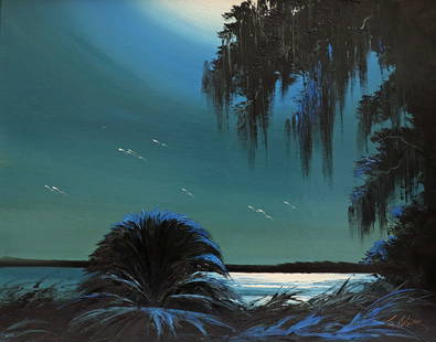 JAMES GIBSON BLUE NIGHT RIVER HIGHWAYMEN PAINTING: James Gibson (1938-2017) Vintage Highwaymen painting of a Florida night river landscape with cabbage palm, moonlight reflections, birds, and vegetation. Signed lower right. Measures 30" x 24" on