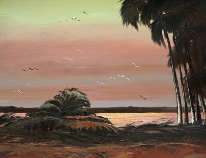 JAMES GIBSON RIVER SUNSET HIGHWAYMEN PAINTING: James Gibson (1938-2017) Vintage Highwaymen painting of a Florida river sunset landscape with orange and yellow sky, palm trees, vegetation, and birds. Signed lower right. Measures 28" x 21.5" on upso