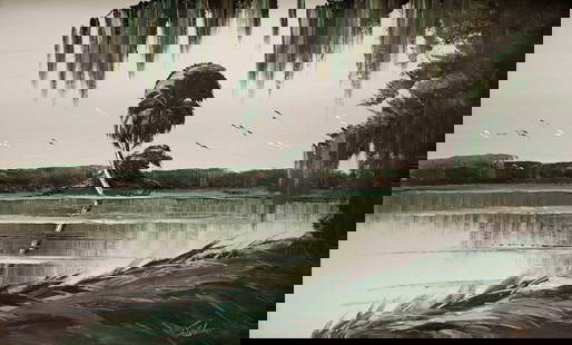 JAMES GIBSON GREEN RIVER PALM HIGHWAYMEN PAINTING: James Gibson (1938-2017) Vintage Highwaymen painting of a Florida river landscape with bent palm tree, hanging Spanish moss, grass, and birds in flight. Gray, brown, and black colors highlighted with