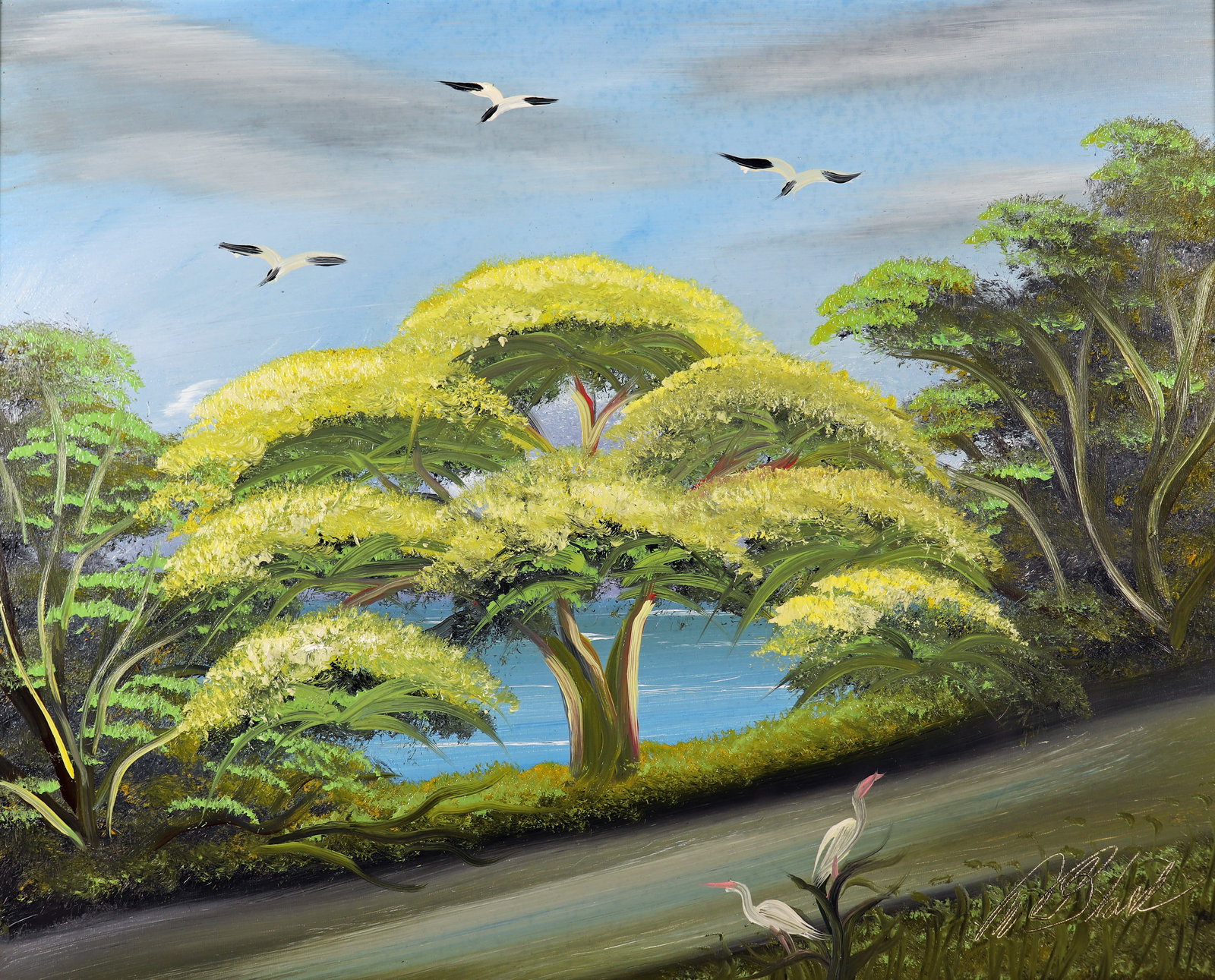 AL BLACK YELLOW TABEBUIA TREE HIGHWAYMEN PAINTING: Al Black (b. 1945) Highwaymen painting of a Florida landscape with river road, birds, and yellow tabebuia tree. Signed lower right. Measures 20" x 16" on masonite board & 23.75" x 19.5" w/ frame.