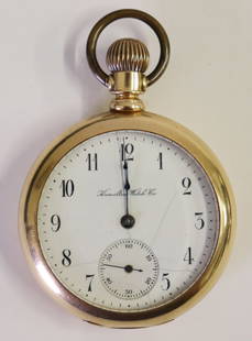 ANTIQUE 14K HAMILTON POCKET WATCH: Antique Hamilton Watch Co. open face pocket watch with 14KT yellow gold case. Not working. Serial number 74766, circa 1902, measures 2" wide.