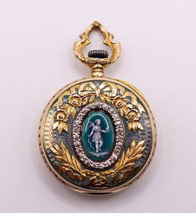 18K DIAMOND & ENAMEL LADIES POCKET WATCH: Antique 18KT gold case ladies pocket watch. Case is decorated with enamel (some losses to edge), wreaths, a Neoclassical oval cherub, and diamonds. Measures 1" wide. Movement is marked The Bancroft Br