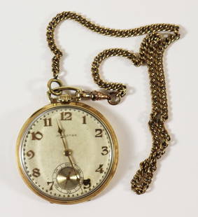 14K G.F. PRESENTATION HAMILTON POCKET WATCH: A 1938 open face Hamilton pocket watch. It is a 21 jewel movement with five positions, Grade 400, Lancaster PA. It is 14K gold filled. It was a presentation watch in 1938 from the GE Frigidaire Compan