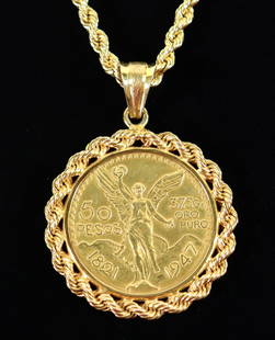 50 PESOS MEXICAN GOLD COIN PENDANT ON 14K NECKLACE: Mexican gold 50 pesos coin set in a 14K bezel and suspended on a fine, heavy 14K 30" gold rope chain. Total weight 75.2 DWT (117 grams).