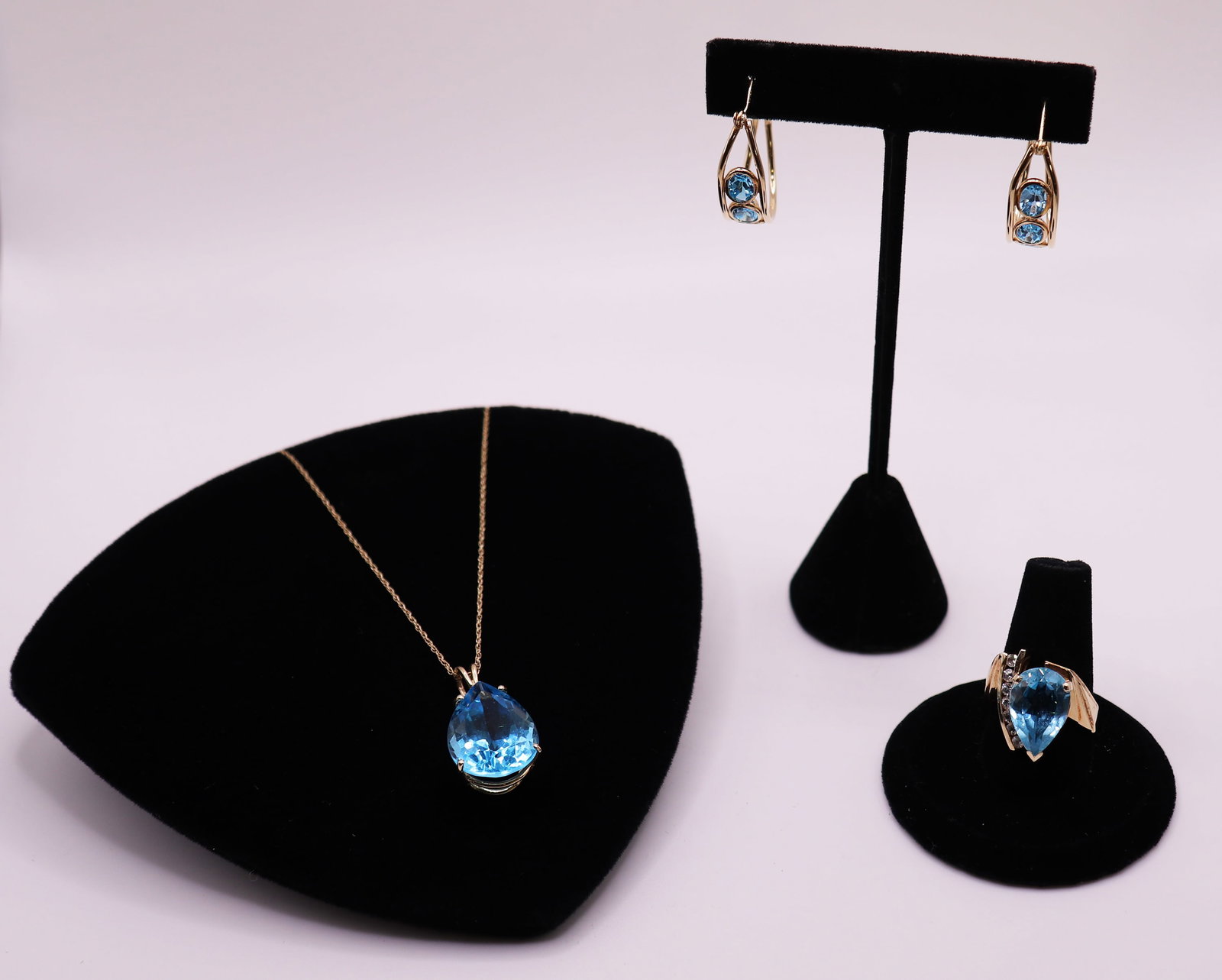 10K - 14K BLUE TOPAZ EARRINGS, RING, & NECKLACE (1 of 5)