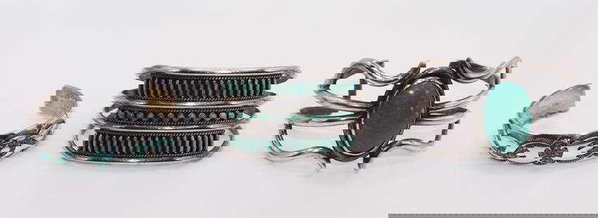 NATIVE AMERICAN ZUNI TURQUOISE SILVER BRACELETS: A collection of 3 vintage silver bracelets to include a needlepoint cuff bracelet, a inlaid coral and turquoise bracelet and a turquoise stone bracelet. Unmarked.