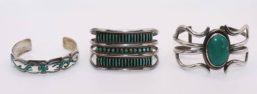 NATIVE AMERICAN ZUNI TURQUOISE SILVER BRACELETS: A collection of 3 vintage silver bracelets to include a needlepoint cuff bracelet, a inlaid coral and turquoise bracelet and a turquoise stone bracelet. Unmarked.