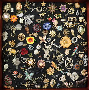 VINTAGE COSTUME JEWELRY BROOCHES: A large collection of vintage pins to include Eisenberg, Lisner, BSK, Grazziano, Rebecca, Carolee, Napier, Monet, France, MyLu, Coro, Nolan Miller, Trifari, Edwin Pearl,Sterling, Giovanni, Sarah Coven