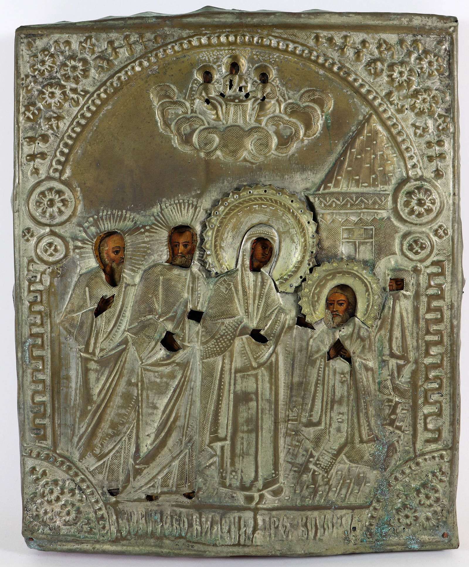 19th CENTURY RUSSIAN OKLAD WOOD SAINTS ICON (1 of 4)